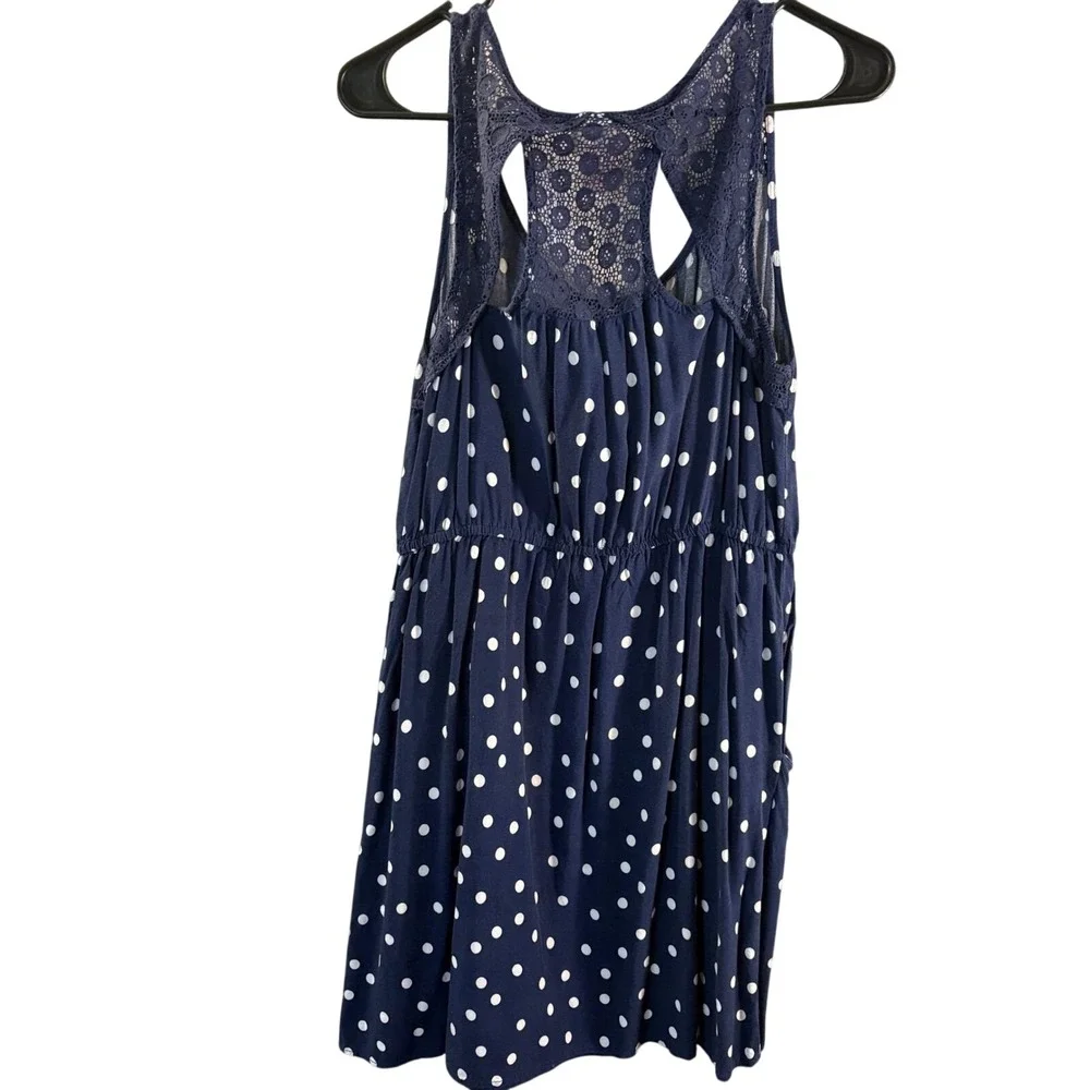 Vintage Y2K Mossimo Polka Dot Dress Navy Blue Lace Racerback Large With Pockets
